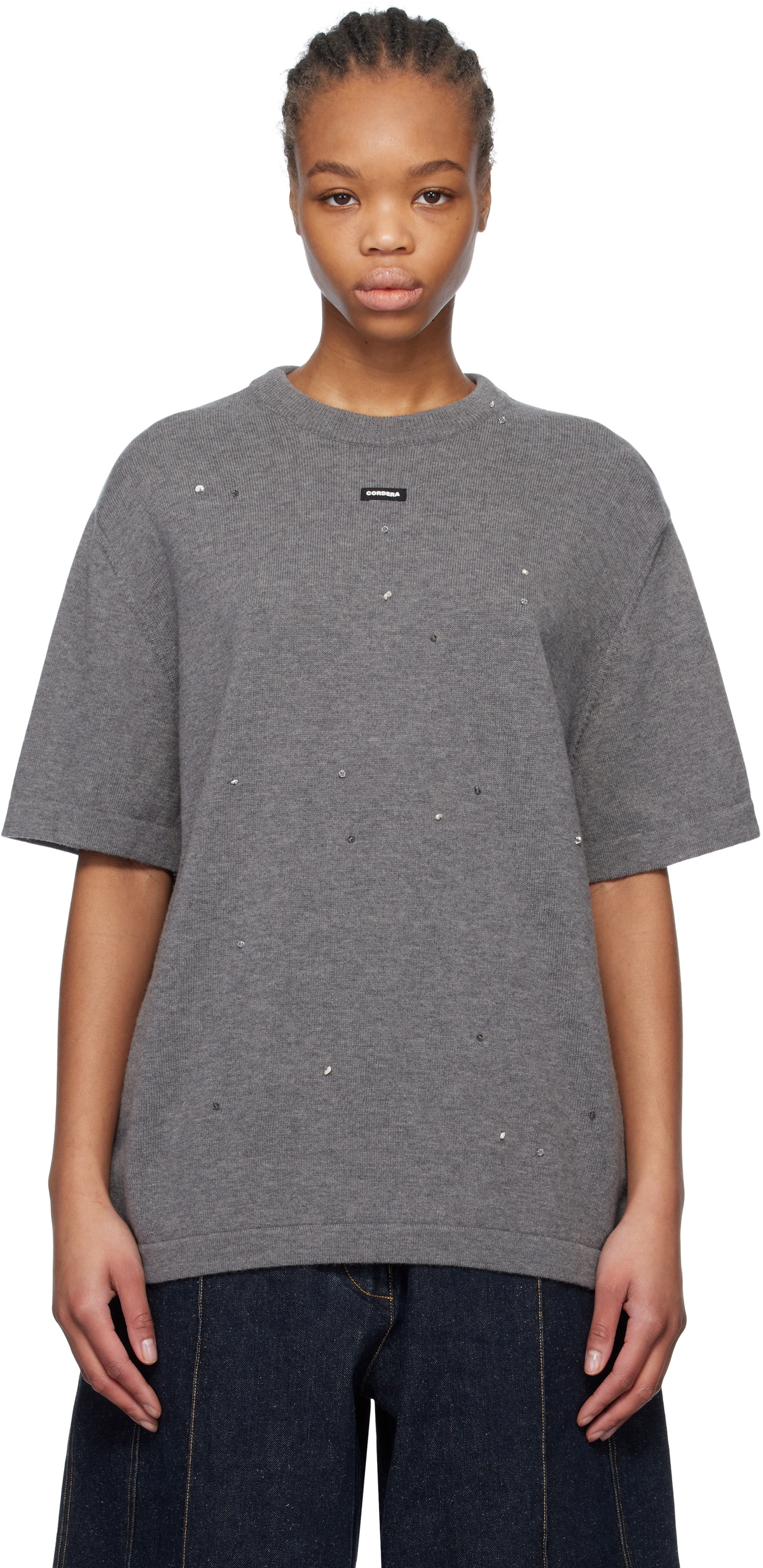 Cordera Gray Merino Wool Beaded T-shirt