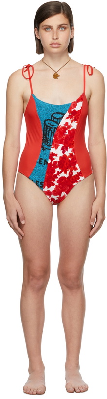 Photo: Rave Review SSENSE Exclusive Red & Blue Ophie One-Piece Swimsuit