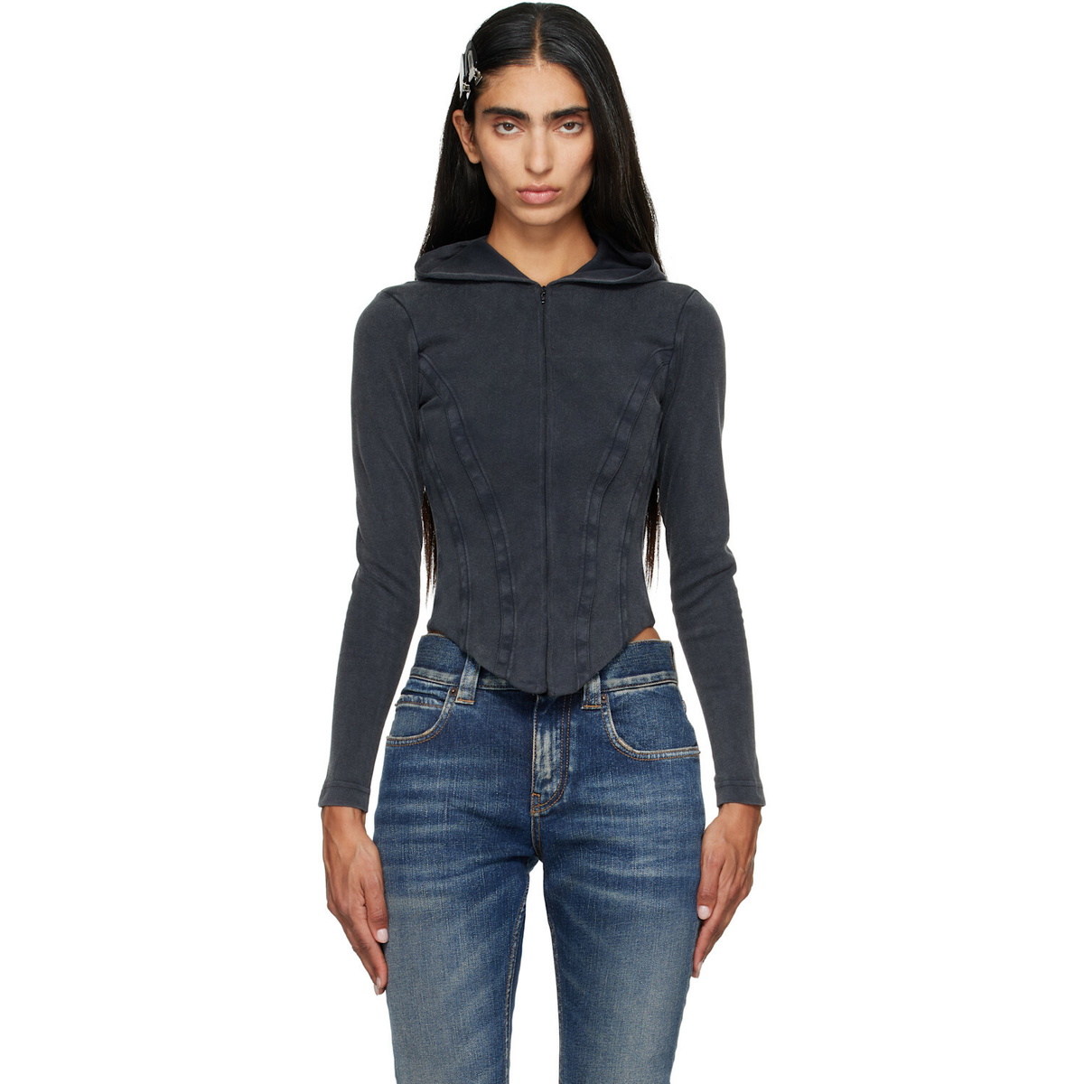 Balenciaga Black Corseted Zip Interlock Stretch Jersey Hoodie