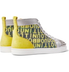 CHRISTIAN LOUBOUTIN - Louis Spiked Suede and Mesh-Trimmed Glittered Logo-Print Canvas High-Top Sneakers - Yellow