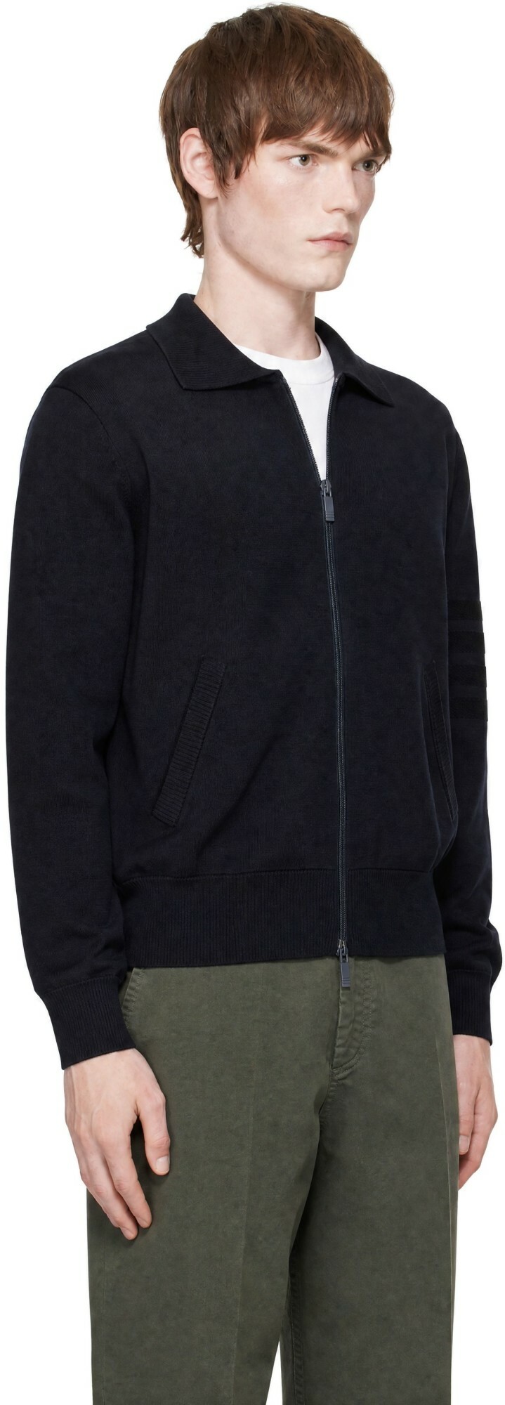 Thom Browne Navy 4-Bar Wool Linen Full Zip Cardigan