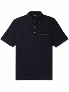 Zegna - Leather-Trimmed Cotton-Piqué Polo Shirt - Blue