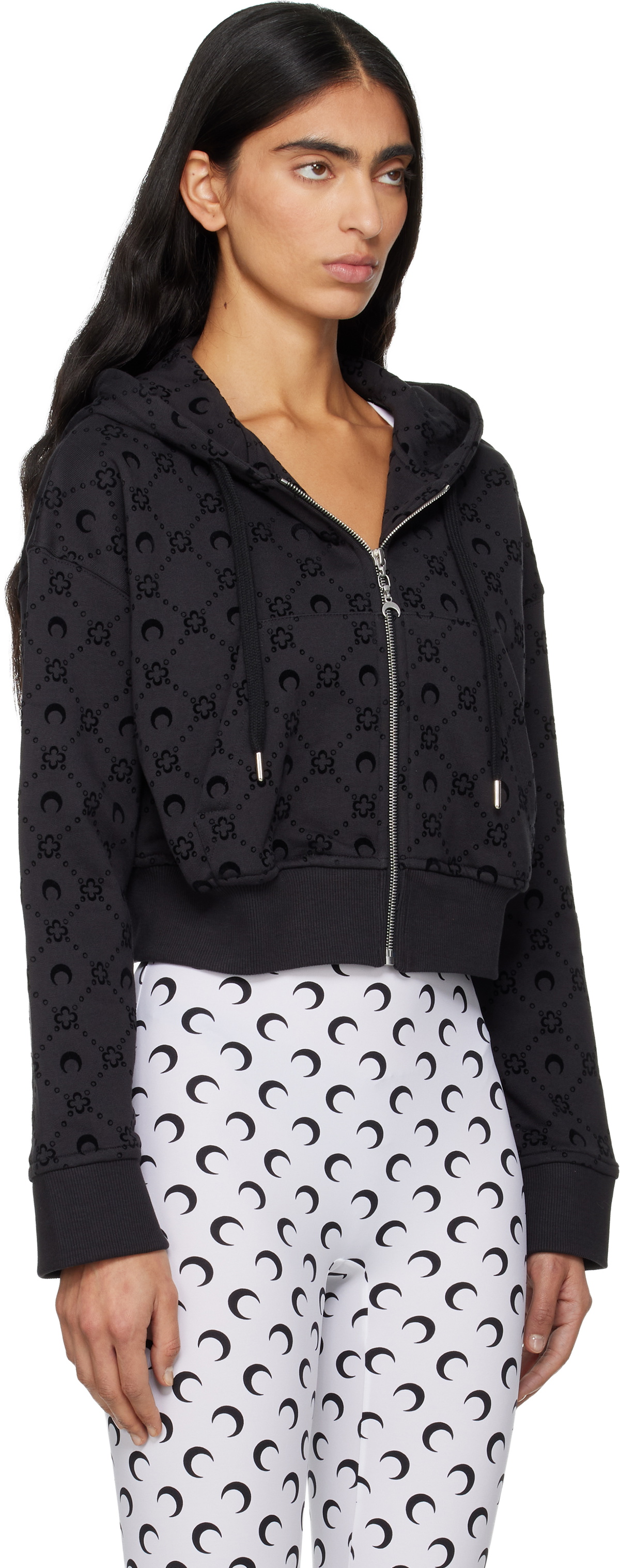 Marine Serre Black Moonogram Flocked Fleece Cropped Zipped Hoodie
