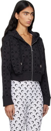 Marine Serre Black Moonogram Flocked Fleece Cropped Zipped Hoodie