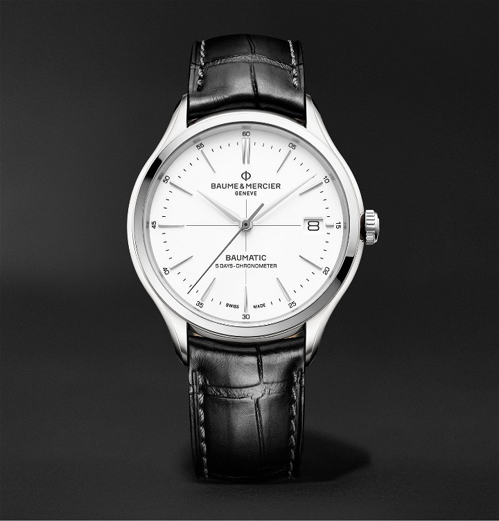 Photo: Baume & Mercier - Clifton Baumatic Automatic Chronometer 40mm Stainless Steel and Alligator Watch, Ref. No. M0A10518 - White
