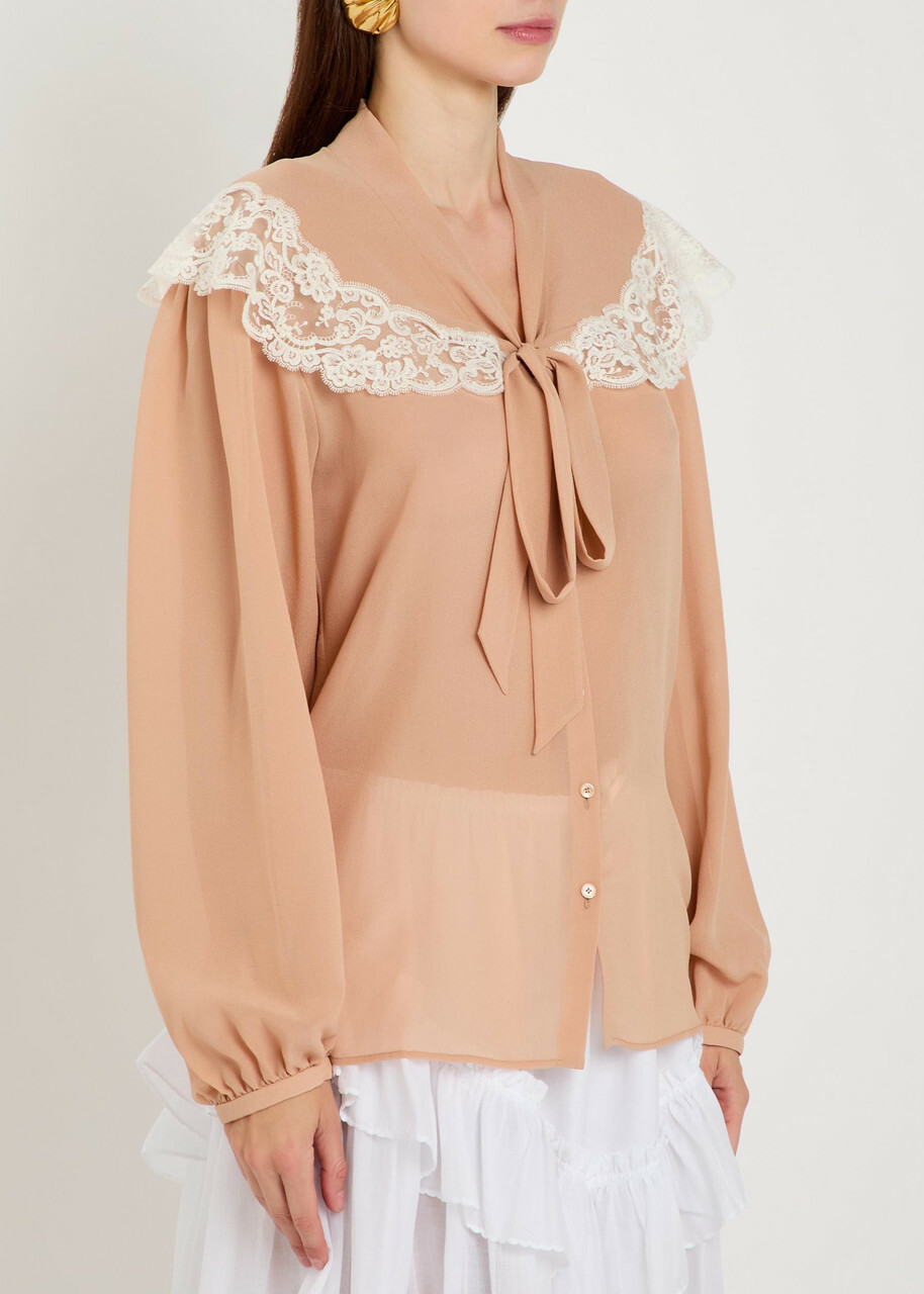 Chloe Lace-trim Silk-georgette Blouse Pink