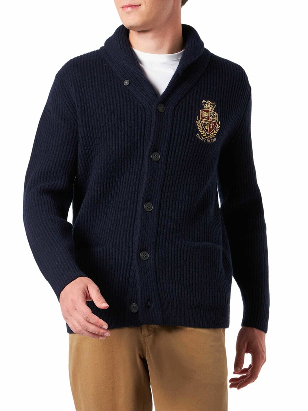 Photo: MC2 Saint Barth Man Shawl Collar Blue Ribbed Cardigan With Pockets And Patch