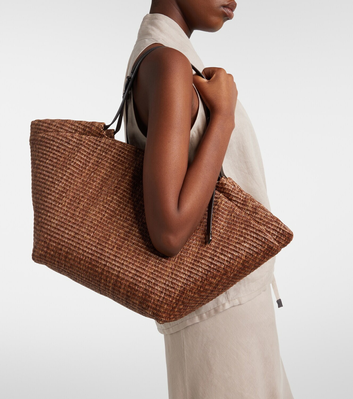 Brunello Cucinelli Large leather-trimmed raffia-effect tote bag