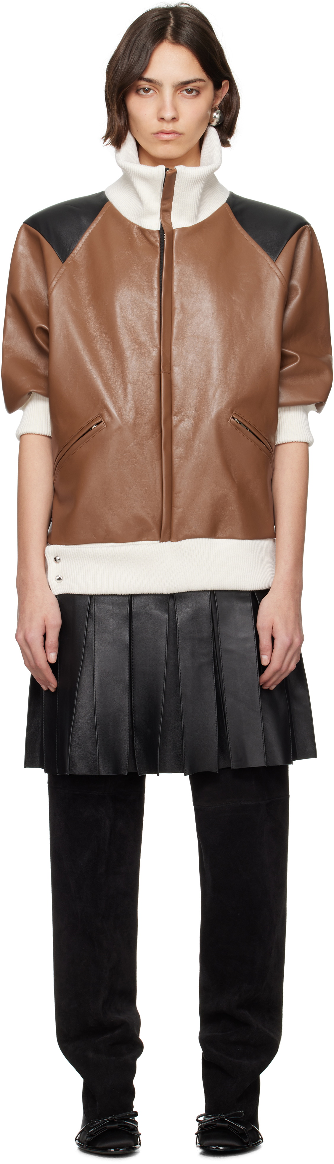 ALL-IN Brown & Black Leather Bomber Minidress