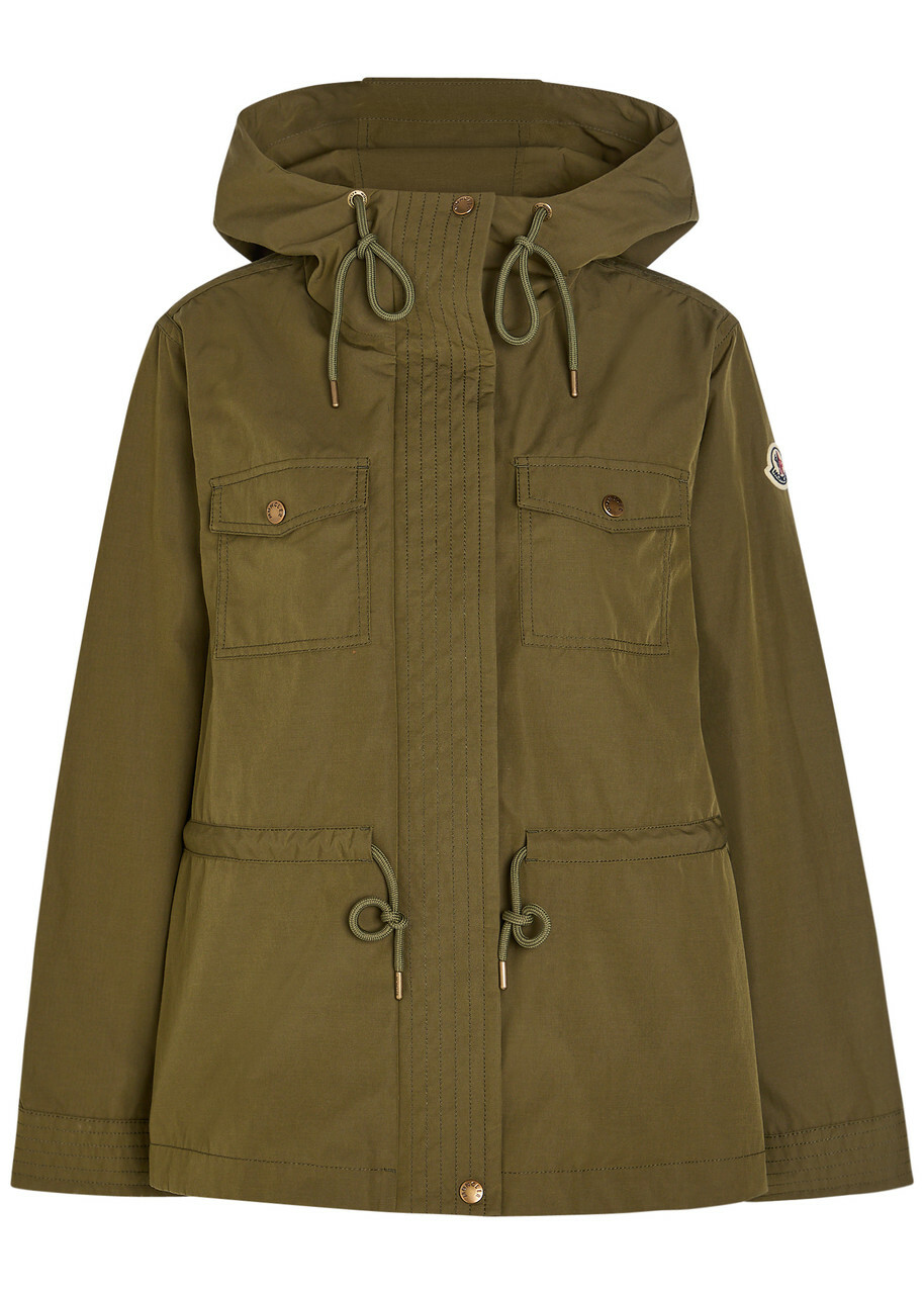 Moncler Serin Hooded Drawstring Waxed Poplin Parka Jacket Olive