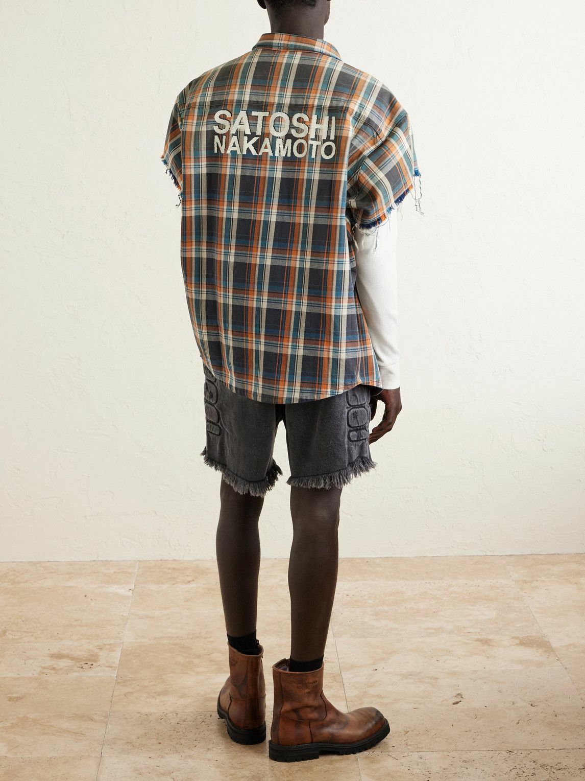 Satoshi Nakamoto - Straight-Leg Fringed Padded Denim Shorts