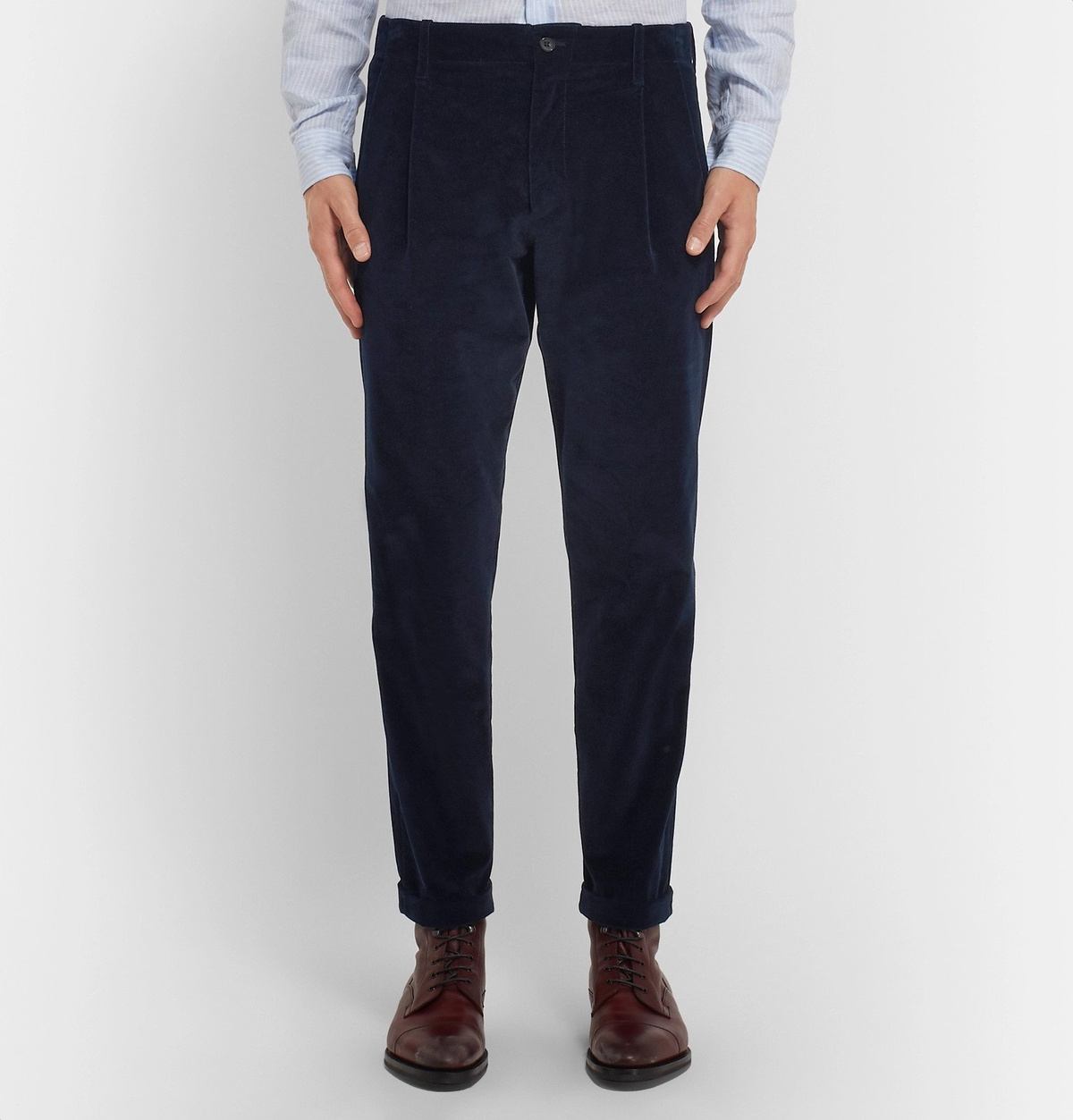 Connolly - Goodwood Tapered Cropped Pleated Cotton-Corduroy Trousers - Blue