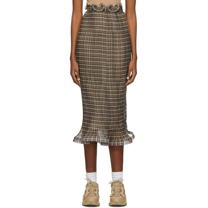 Burberry Brown Plisse Check Ruffle Detail Skirt