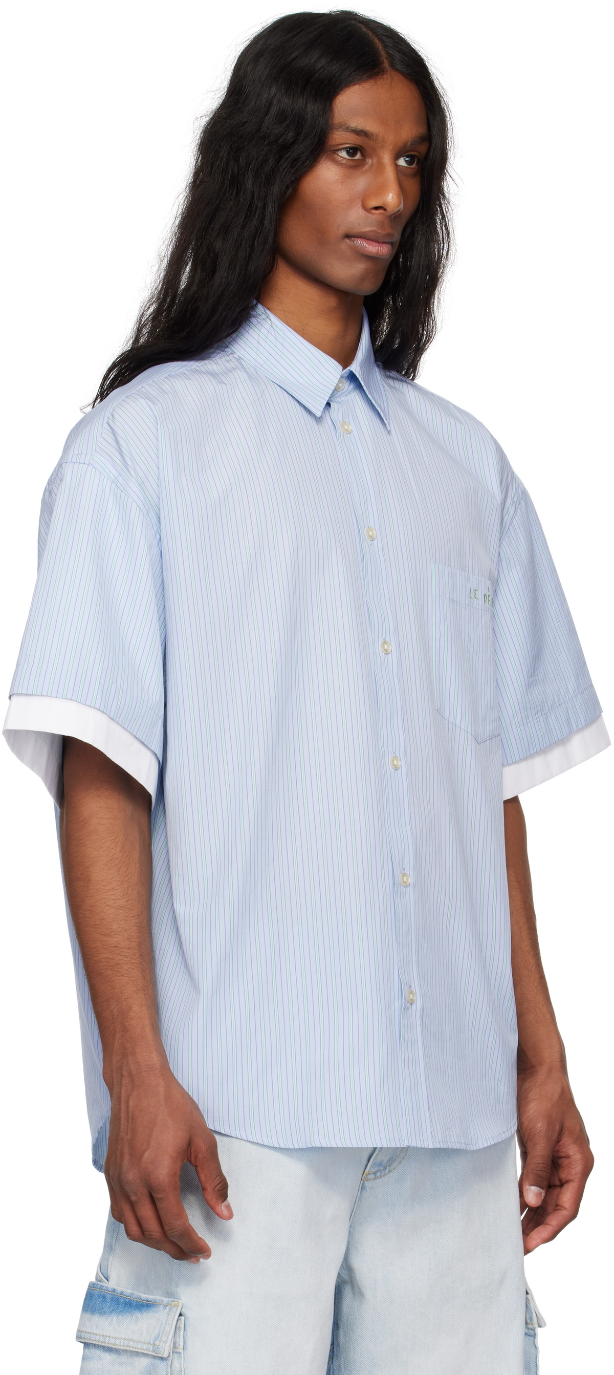 le PÈRE Blue Double Short Sleeve Button Down Shirt
