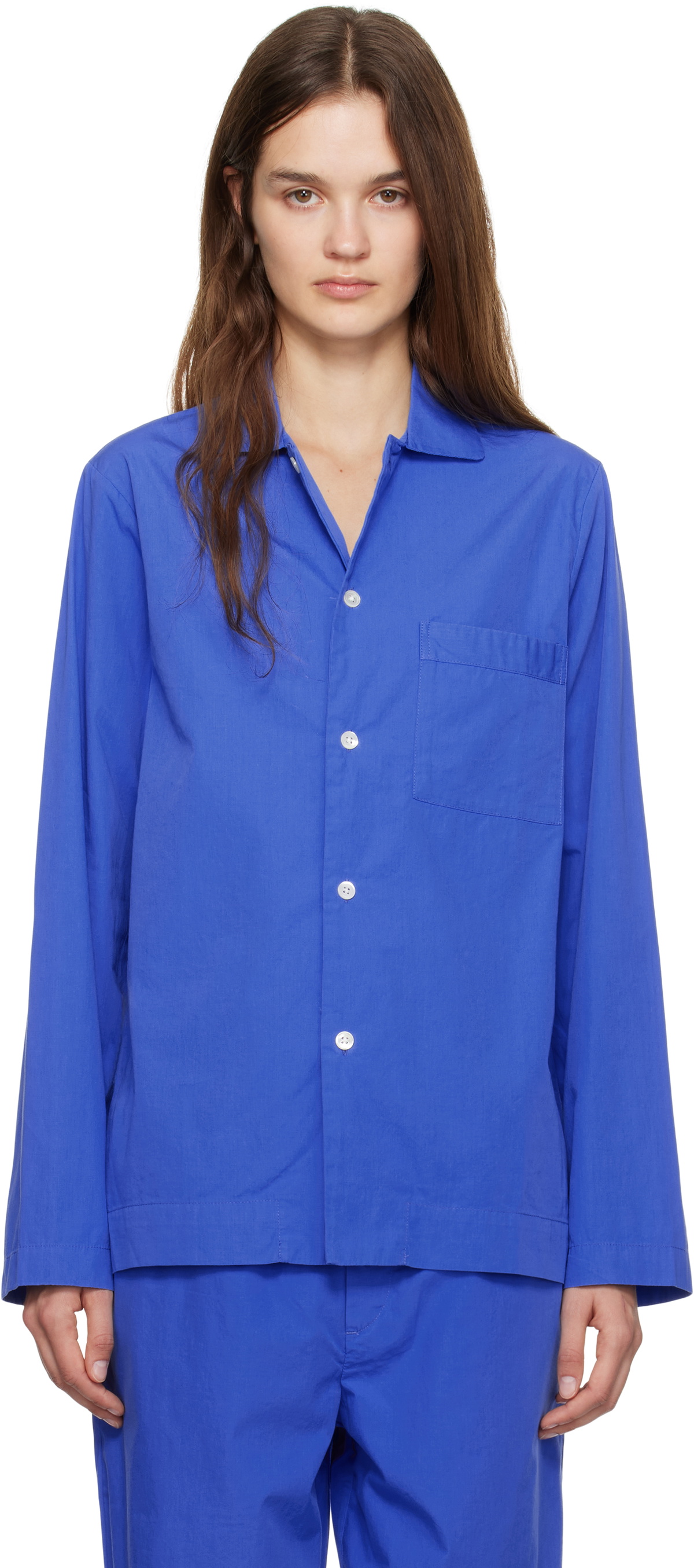 Tekla Blue Poplin Long-Sleeved Pyjama Shirt Tekla Fabrics
