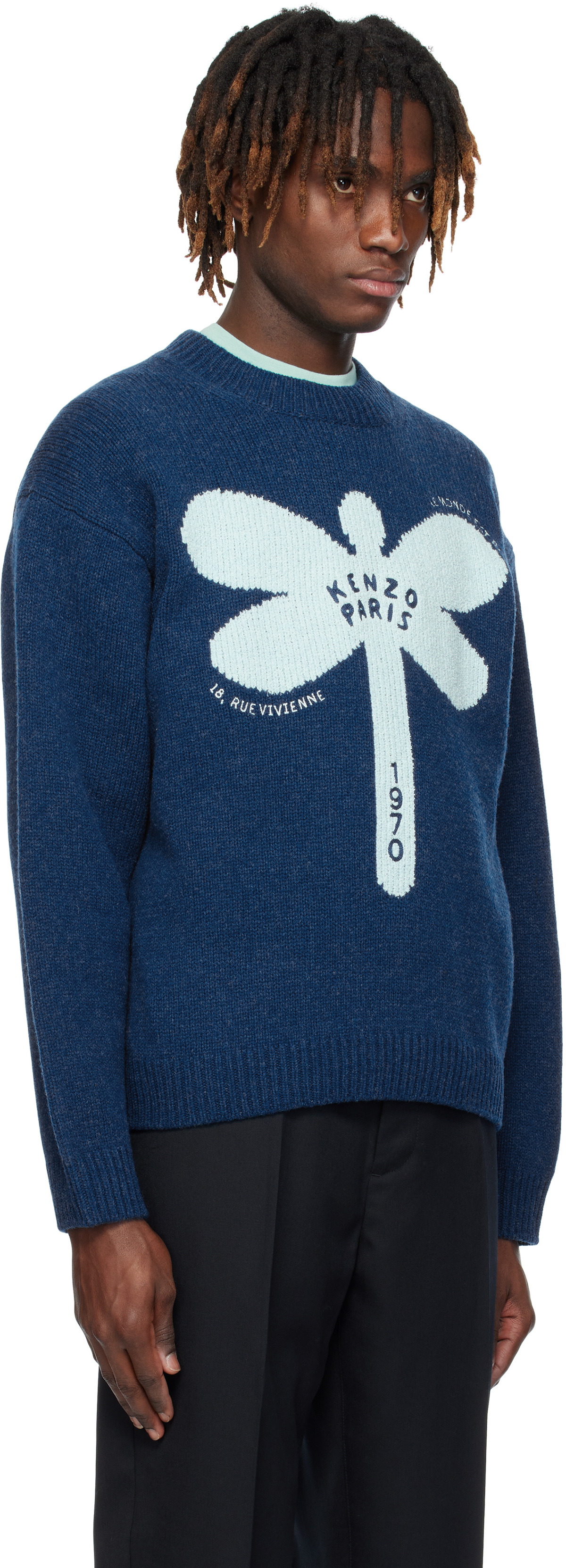 Kenzo Blue Kenzo Paris 'KENZO Dragonfly' Embroidered Wool Sweater