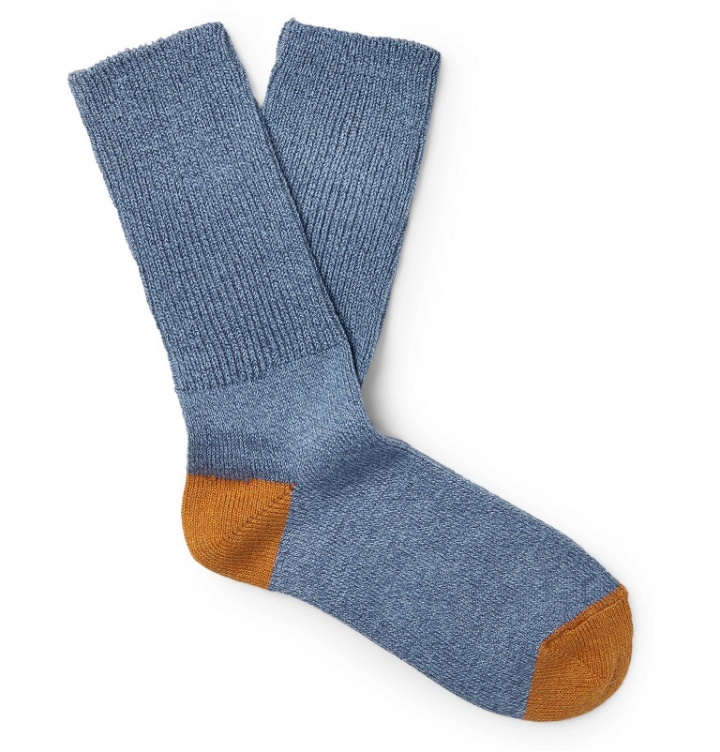 Photo: Mr P. - Ribbed Mélange Stretch Cotton-Blend Socks - Blue