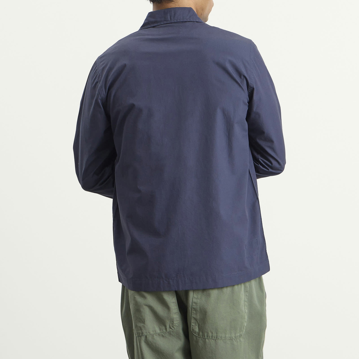 Universal Works Men's Peached Poplin Bakers Overshirt in Navy