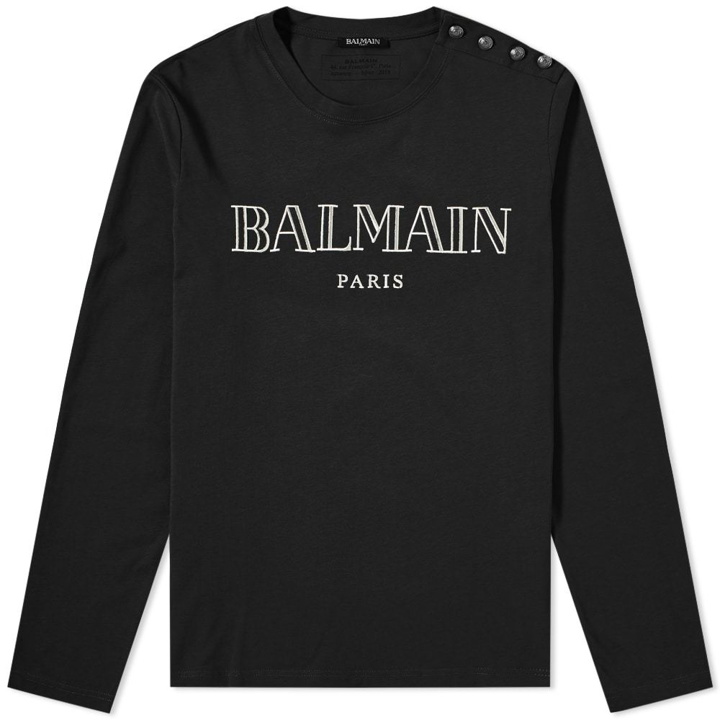 Photo: Balmain Long Sleeve Paris Logo Button Tee