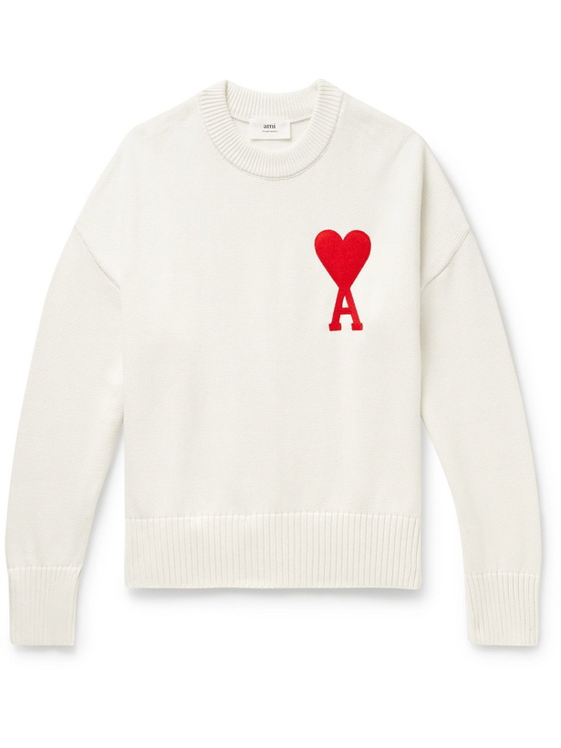 Photo: AMI PARIS - Logo-Embroidered Organic Cotton and Wool-Blend Sweater - Neutrals