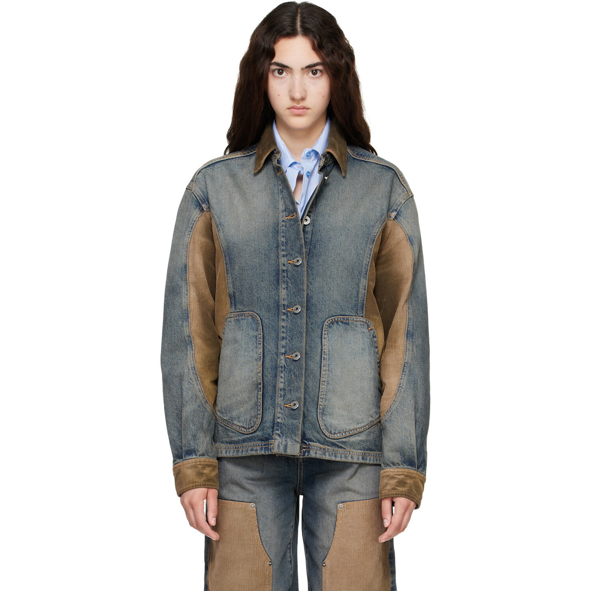 Off-White Navy & Brown Corduroy Patch Denim Jacket