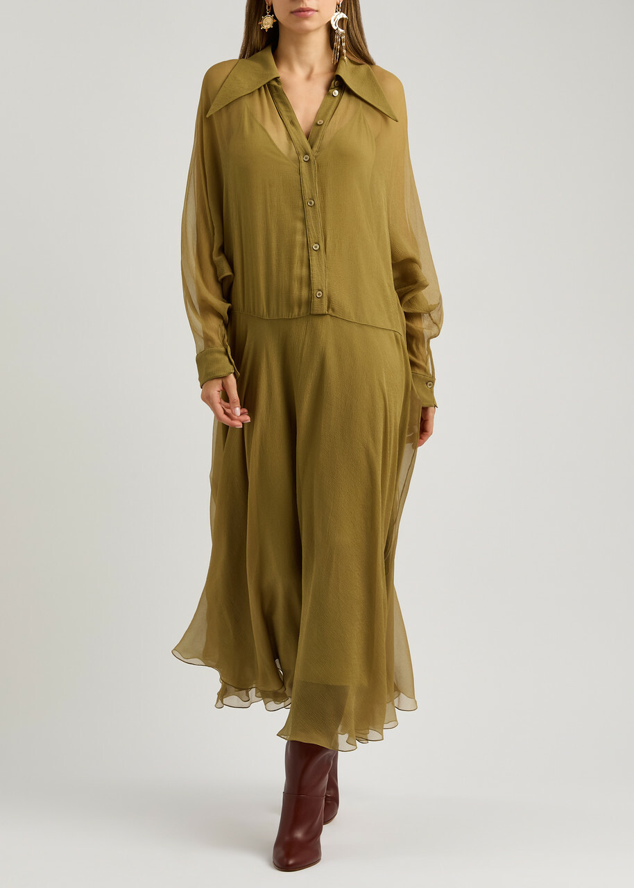 Chloe Silk-georgette Maxi Shirt Dress Green Olive Chloe
