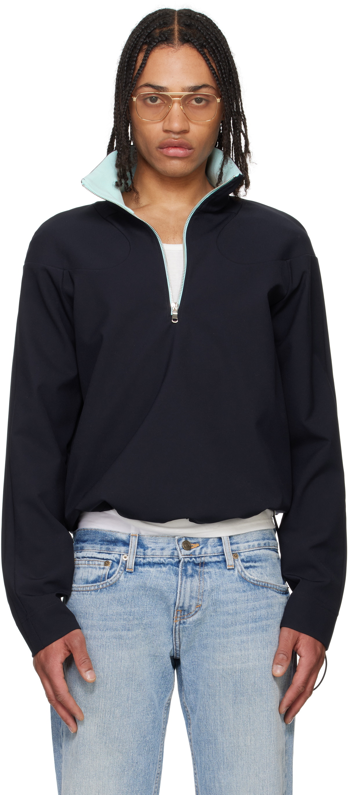 Raimundo Langlois Navy Padded Shoulder Quarter Zip Sweatshirt