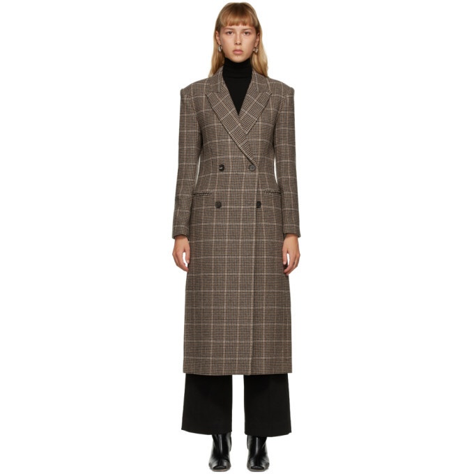 DRAE Brown Wool Check Double-Breasted Coat DRAE