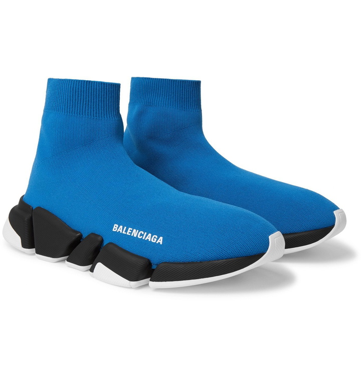 Photo: Balenciaga - Speed 2.0 Logo-Print Stretch-Knit Slip-On Sneakers - Blue