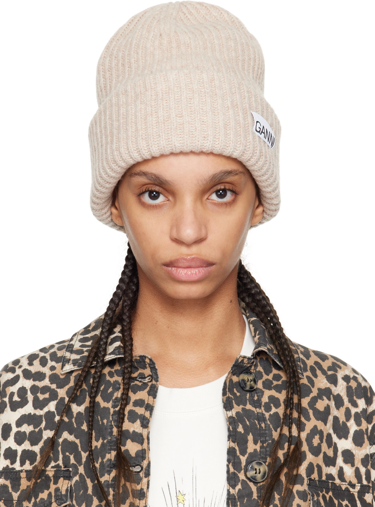 GANNI Beige Oversized Wool Rib Knit Beanie GANNI
