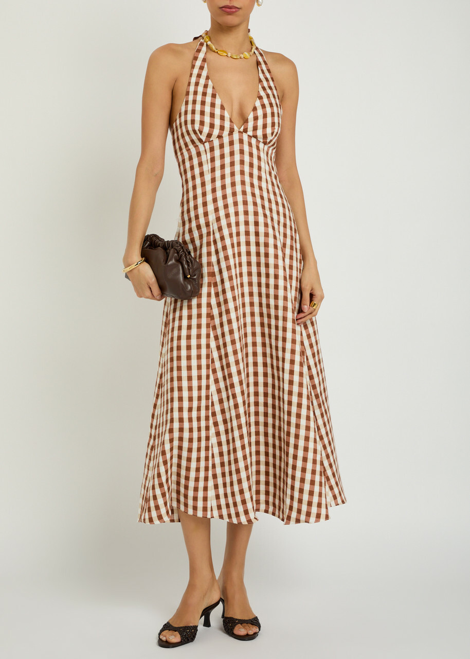 Faithfull The Brand Marais Gingham Linen Midi Dress Light Brown
