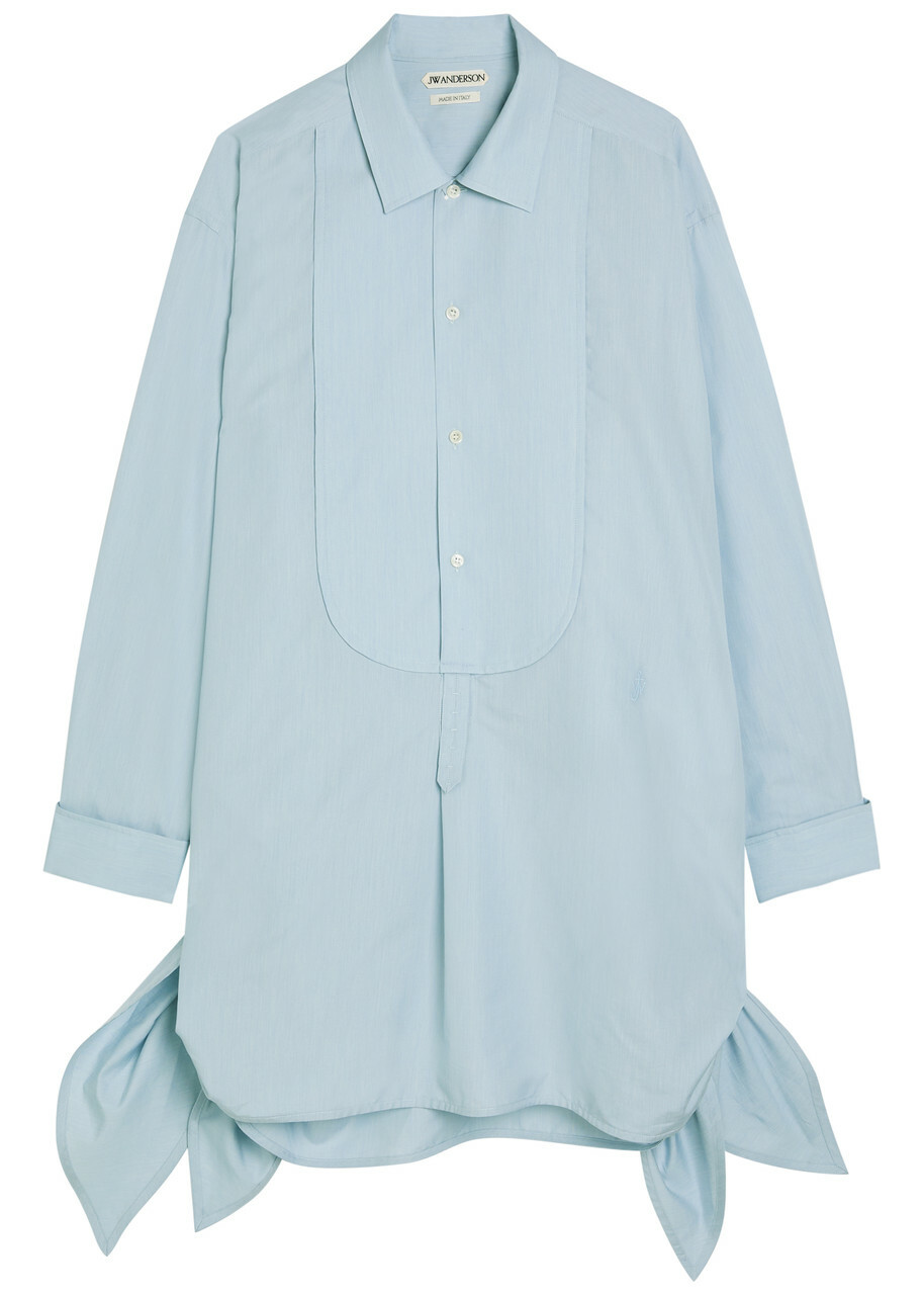 JW Anderson Knotted Cotton-blend Mini Shirt Dress Light Blue