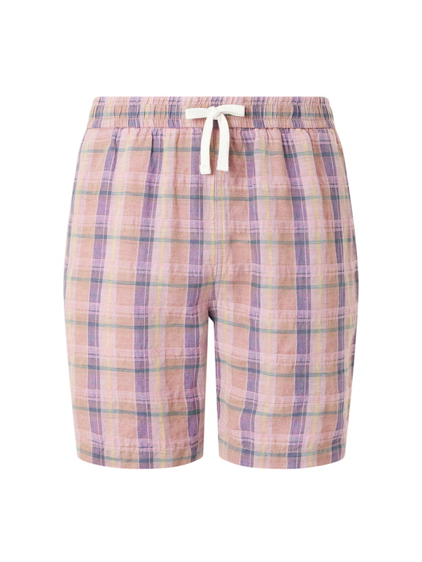 Photo: Drake's - Straight-Leg Checked Linen And Cotton-Blend Drawstring Shorts - Pink