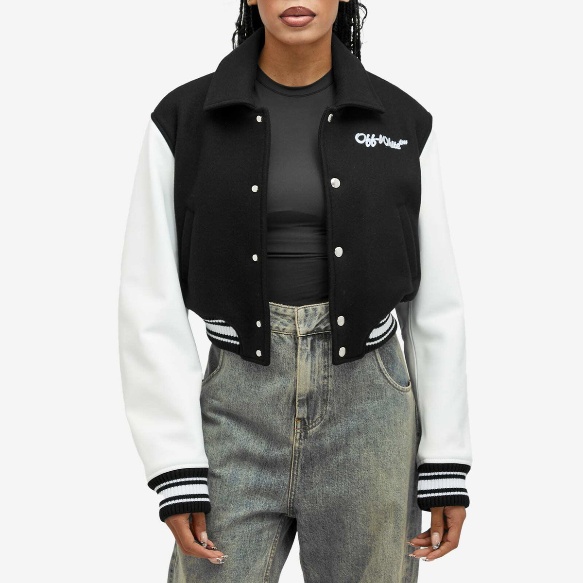 Off-White Women's WO Simple Cropped Varsity Jacket in Black White