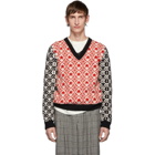 Gucci Red and Black Wool Jacquard V-Neck Sweater