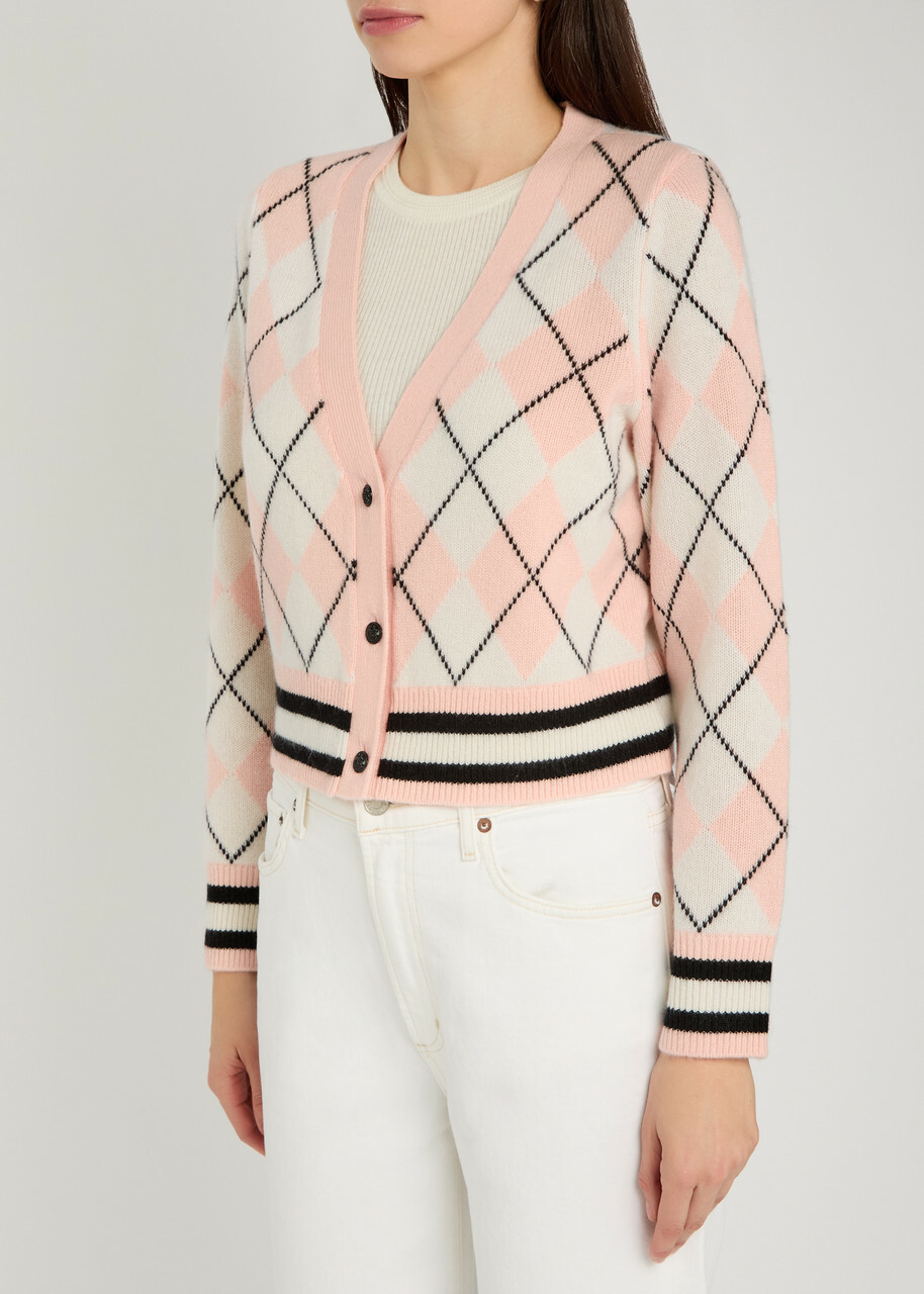 Alice + Olivia Grace Argyl Cropped Cashmere-blend Cardigan Pink