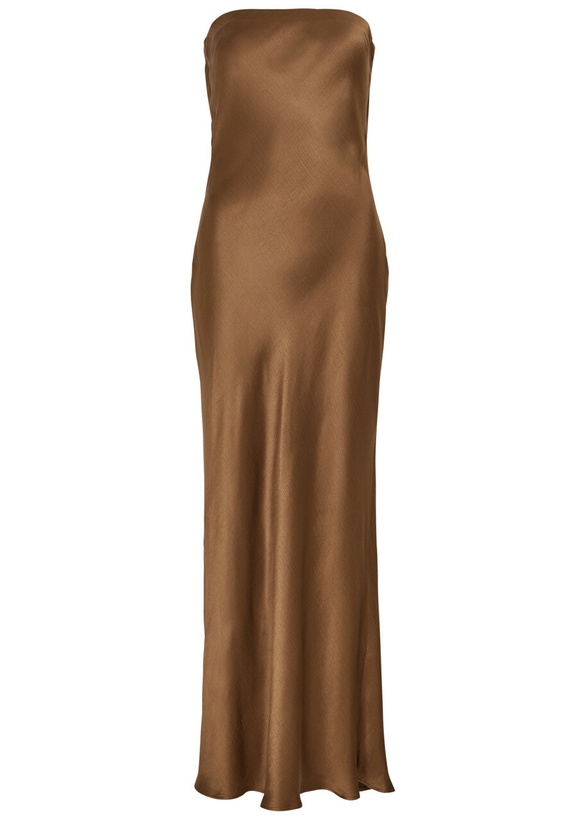 Photo: Bec & Bridge Moon Dance Strapless Satin Maxi Dress Chocolate