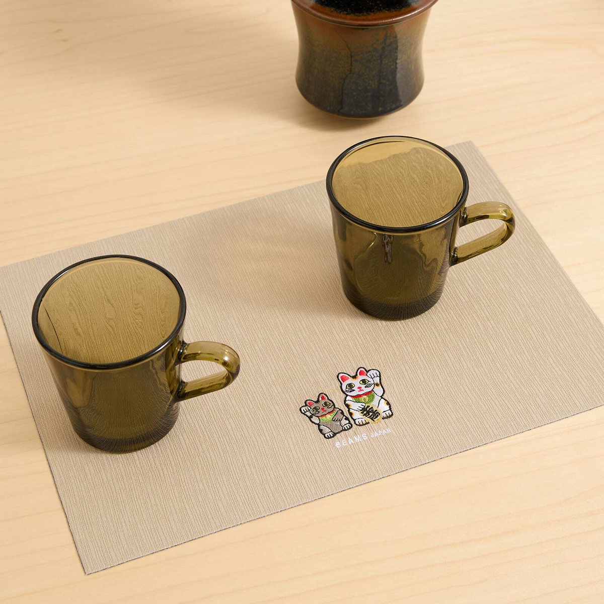 BEAMS JAPAN Embroidery Tea Mat - Beckoning Cat in Beige 