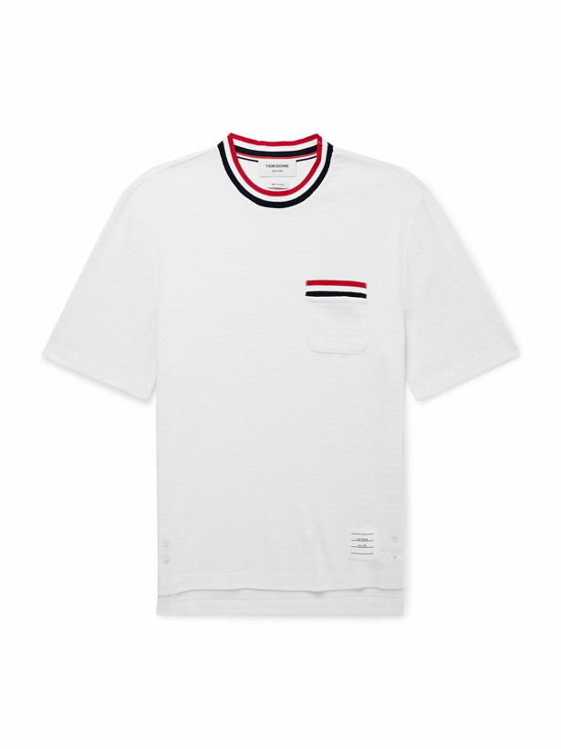 Photo: Thom Browne - Logo-Appliquéd Striped Pointelle-Knit Cotton T-Shirt - White
