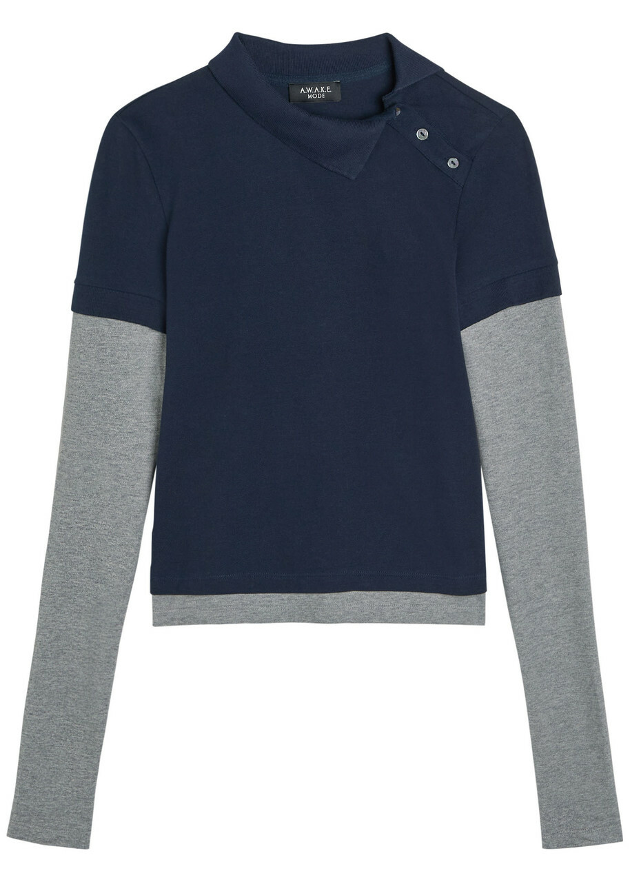 A.W.A.K.E Mode Asymmetric-collar Layered Piqué Cotton Polo Shirt Navy