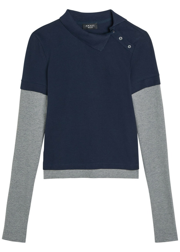 Photo: A.W.A.K.E Mode Asymmetric-collar Layered Piqué Cotton Polo Shirt Navy
