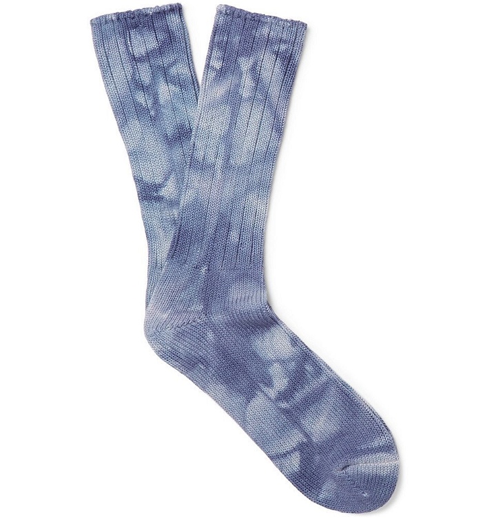 Photo: Anonymous Ism - Tie-Dyed Ribbed Knitted Cotton-Blend Socks - Indigo