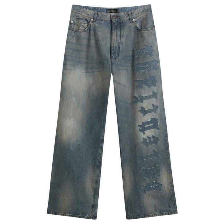 Photo: Balenciaga Men's Patch Logo Baggy Jeans in Dirty Grey/Light Bl
