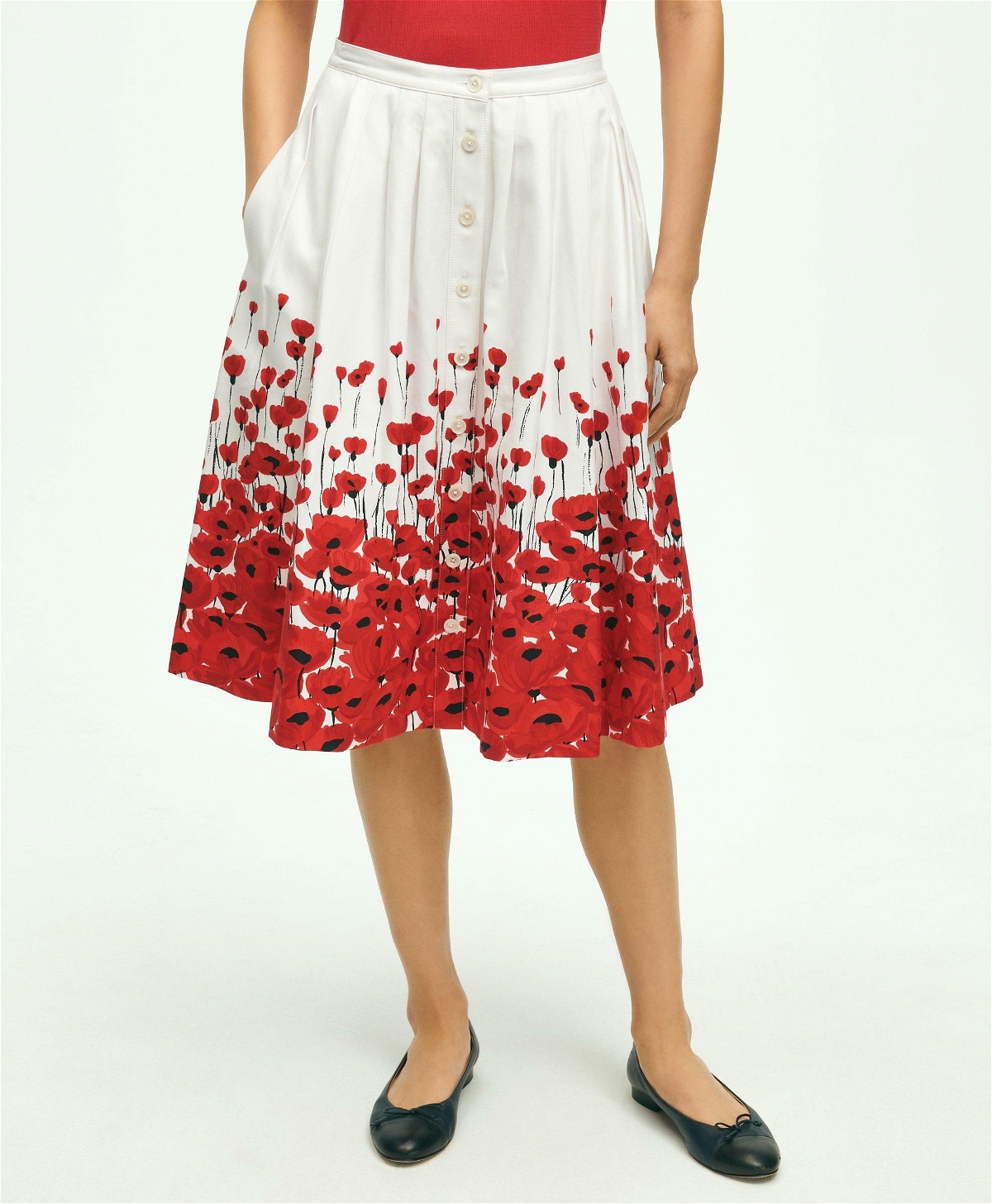 Photo: Brooks Brothers Women's Stretch Cotton Poppy Print Flare Skirt | Red