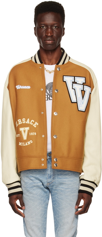 Photo: Versace Tan & Off-White Varsity Down Bomber Jacket