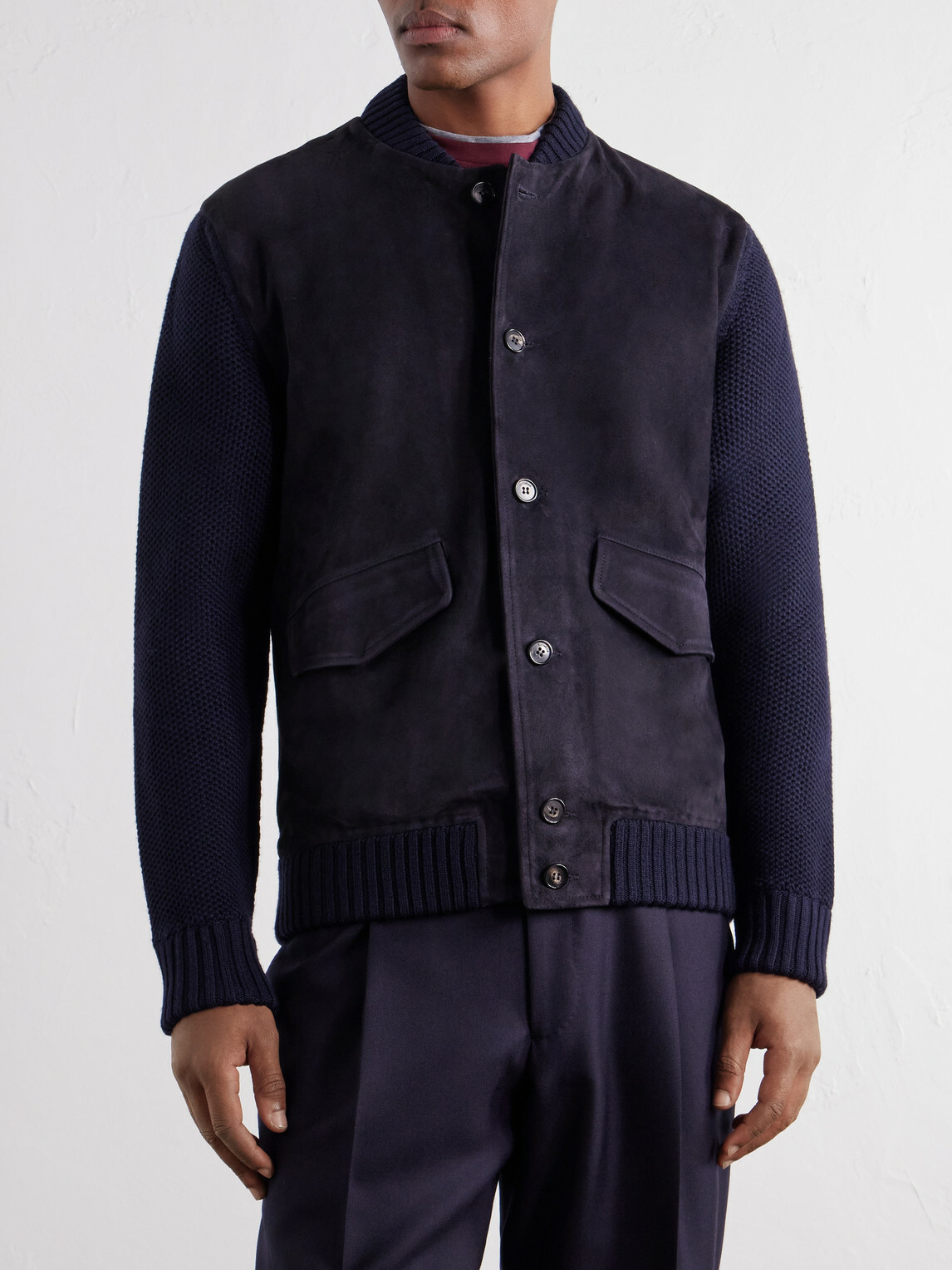 Slowear - Zanone Slim-Fit Suede and Honeycomb-Knit Virgin Wool Bomber Jacket - Blue