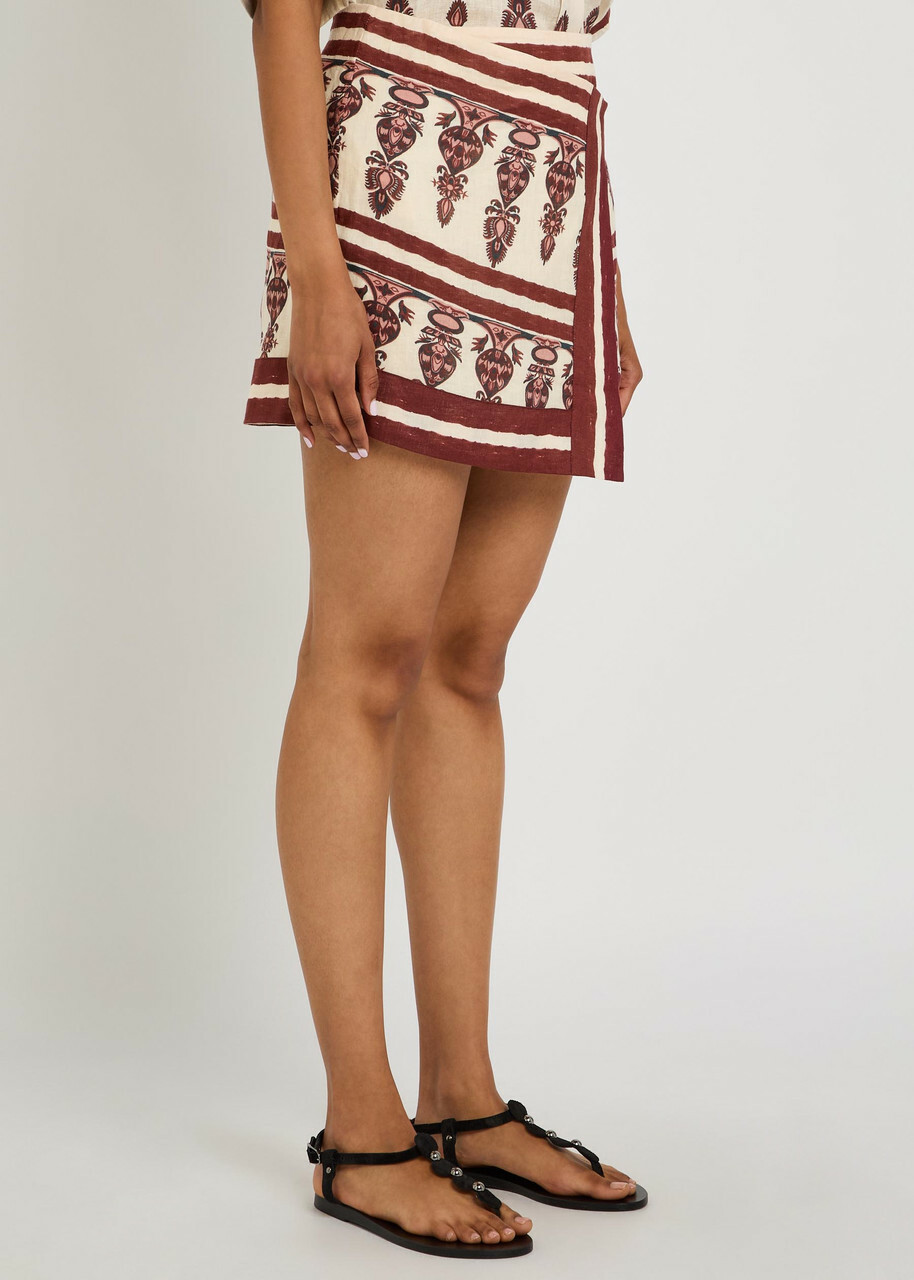 Johanna Ortiz Roots Printed Linen Mini Wrap Skirt Ecru