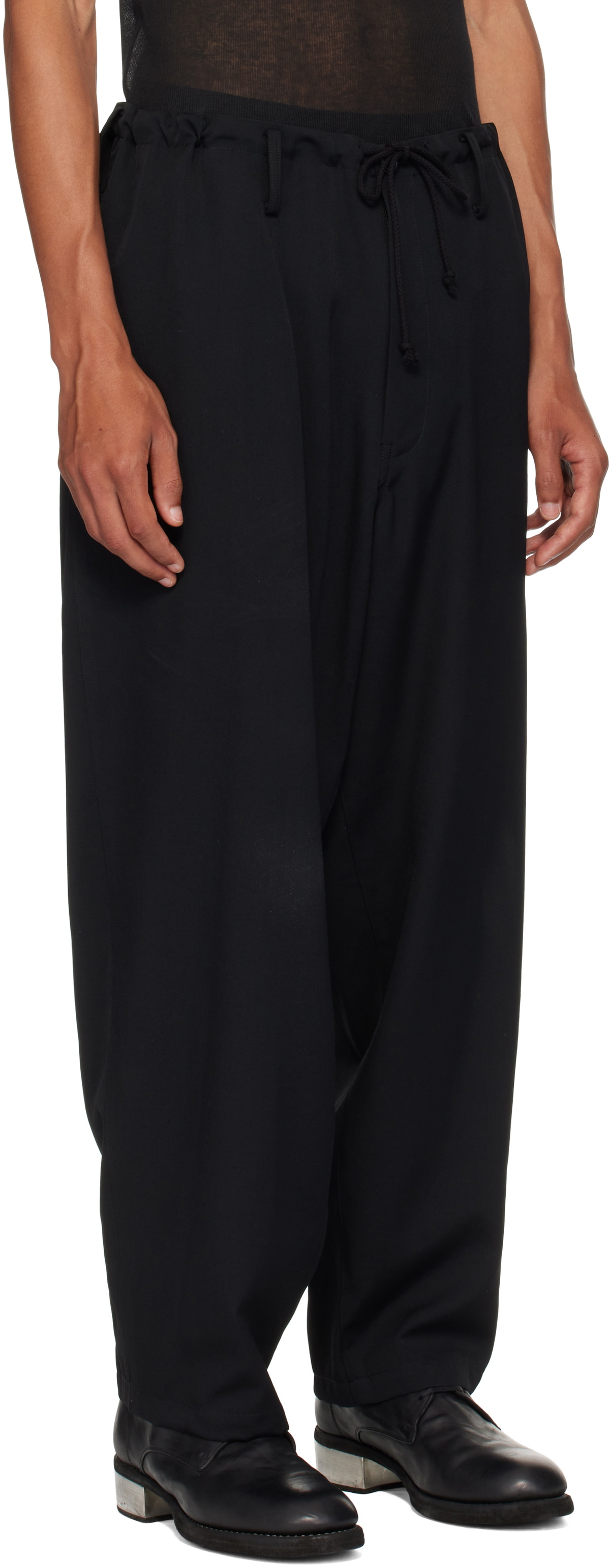 Y's For Men Black Wool Gabardine Wide String Trousers