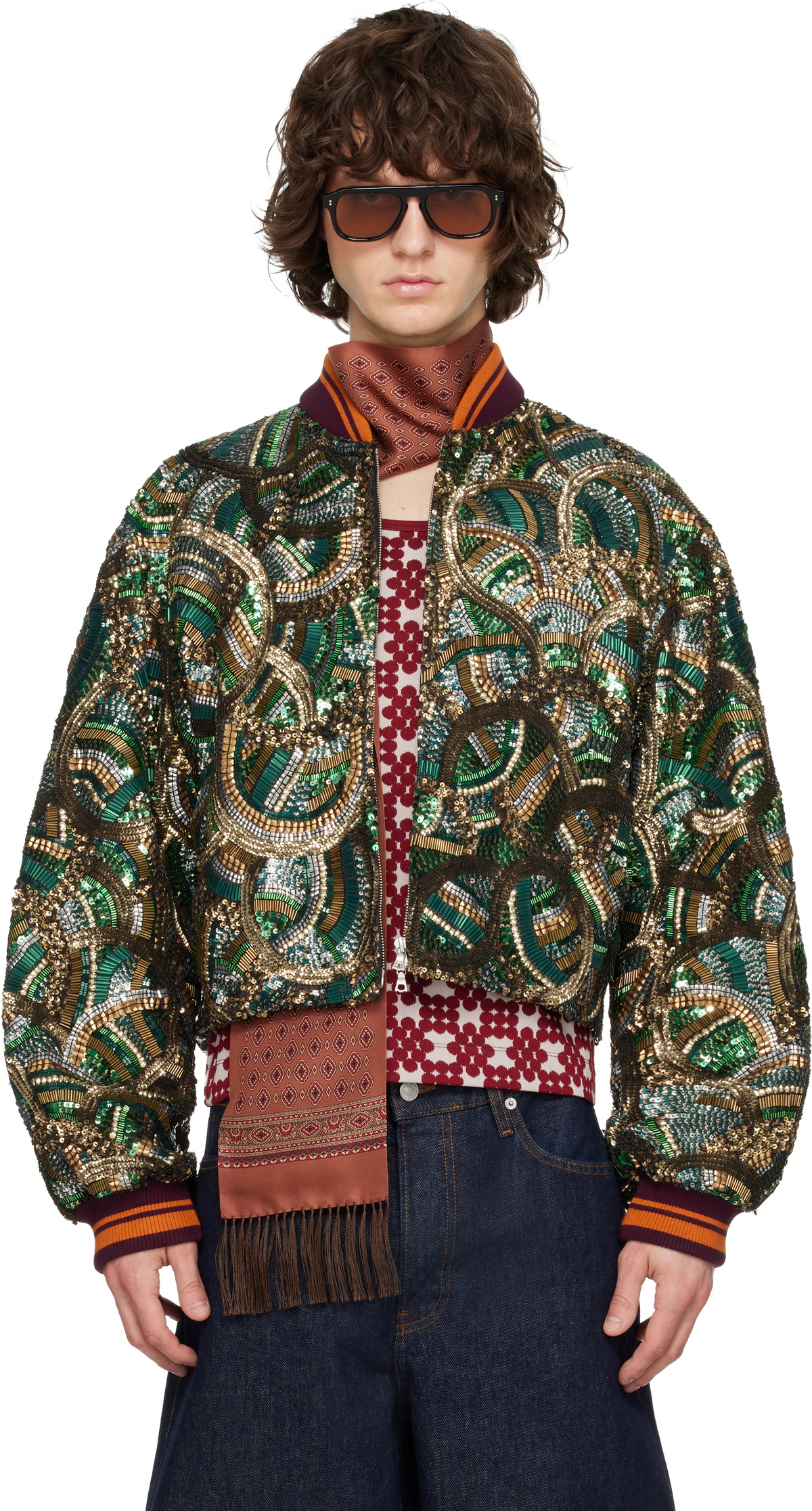 Dries Van Noten Green Embroidered Bomber Jacket