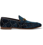 Gucci - New Jordaan Horsebit Leather-Trimmed Logo-Embroidered Velvet Loafers - Navy